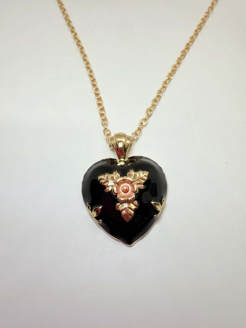Black Enamel Heart Rose Pendant Necklace